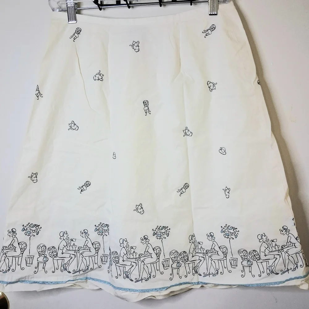 LOFT Women's A-Line Embroidered Cream‎ Skirt with Black Coffe And Tea Pattern